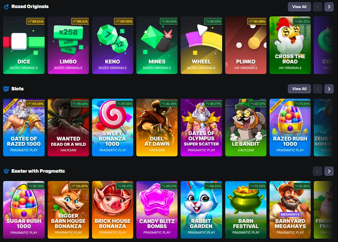 Razed casino games lobby with originals slots categories and multiple game thumbnails display