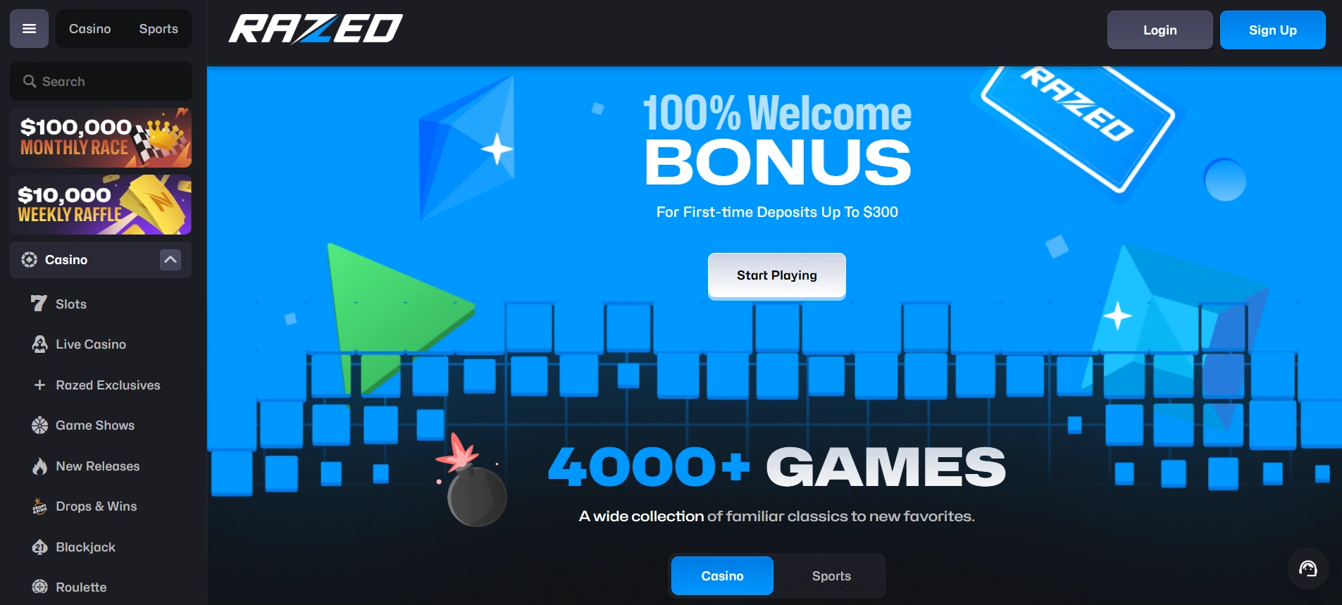 Razed casino homepage with 100 percent welcome bonus banner and 4000 games section